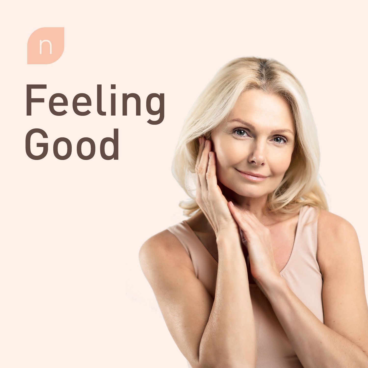 Porträt einer Frau. Text: "Feeling Good". Logo: "n".