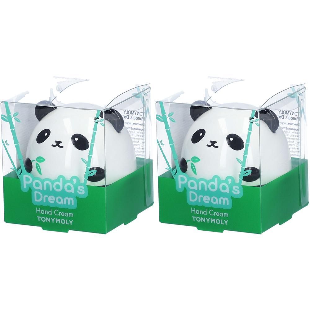 Zwei Handcremes in Panda-Form, verpackt in grünen Schachteln mit transparenten Deckeln. Aufschrift: Panda's Dream Hand Cream.