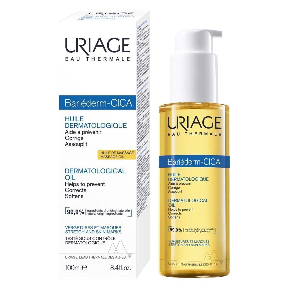 Rückseite der URIAGE® Bariéderm-CICA Öl Flasche. Text: Entwickelt und empfohlen von Dermatologen. Inhaltsstoffe und Anwendungshinweise.