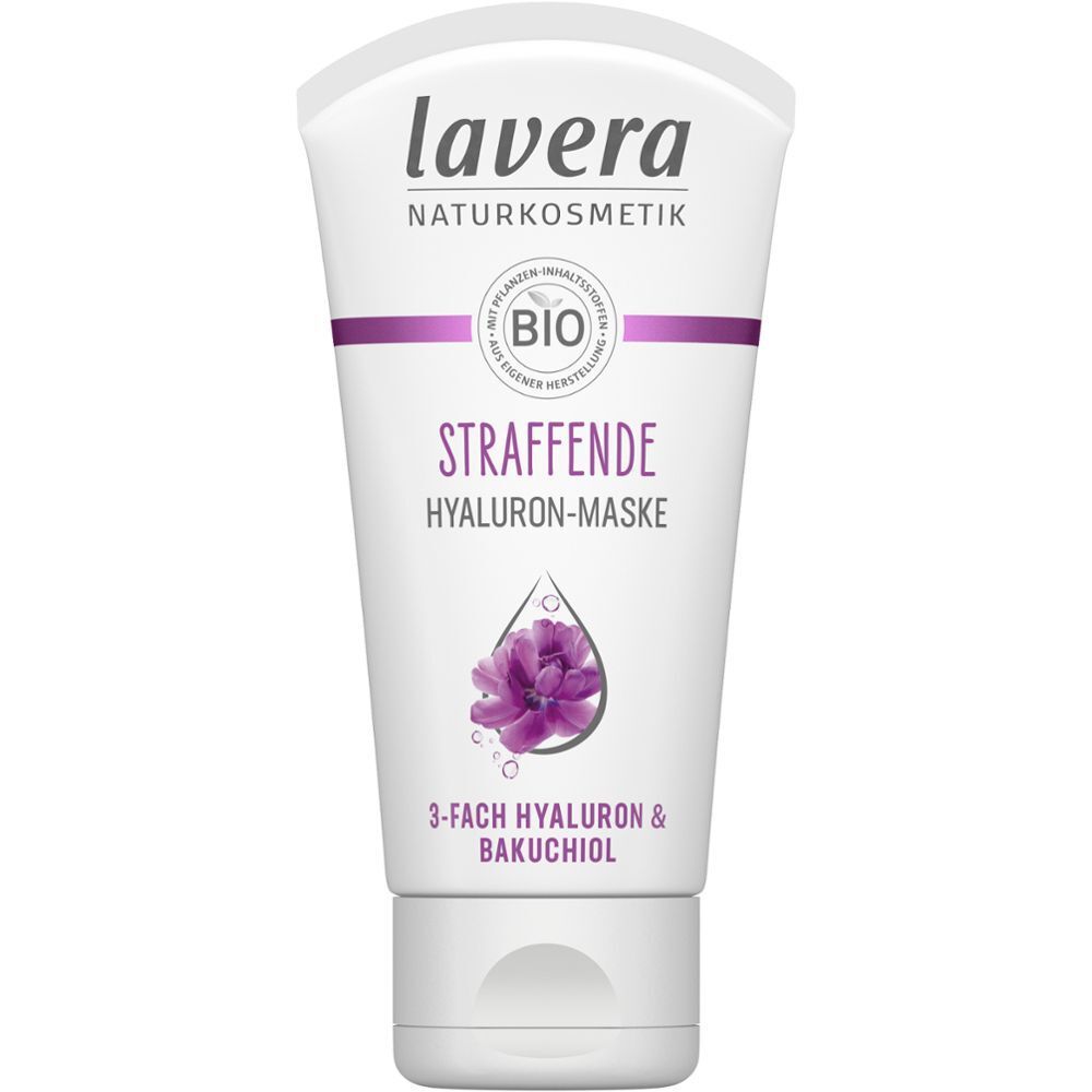 Weiße Tube mit lila Aufdruck. Aufdruck: lavera, BIO, Straffende Hyaluron-Maske, 3-fach Hyaluron & Bakuchiol. Lila Blüte.