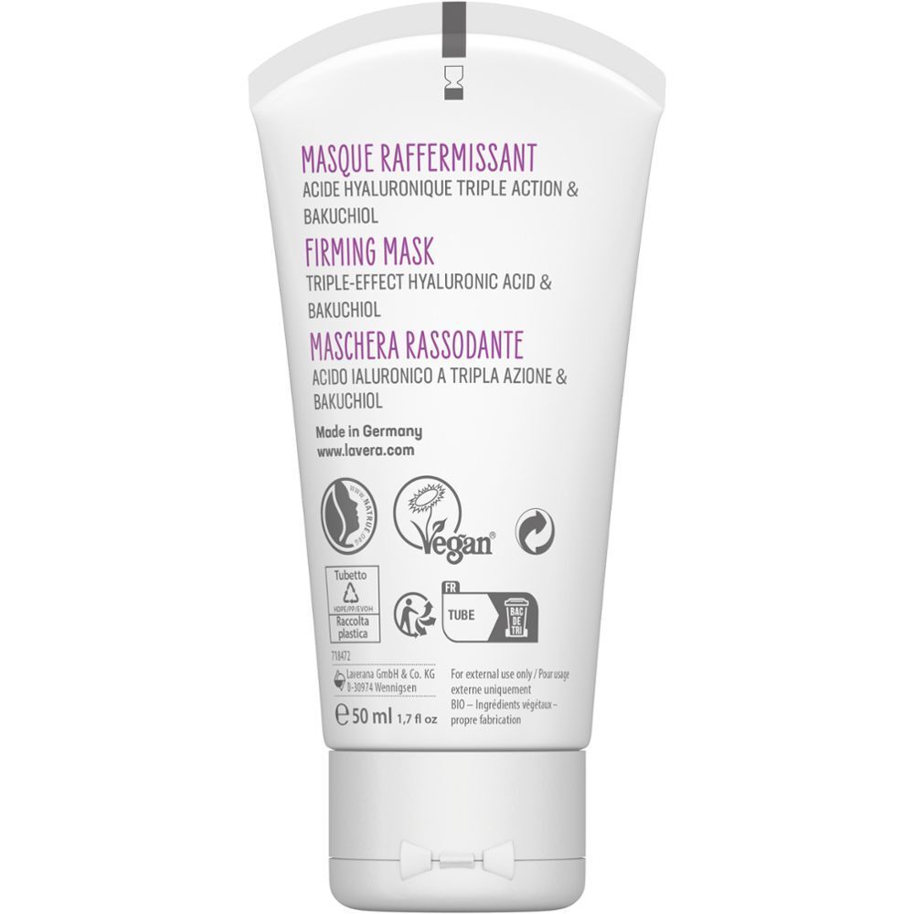 Rückseite der Tube. Aufdruck: Masque raffermissant, Firming Mask, Maschera Rassodante. Vegan-Siegel. 50 ml.
