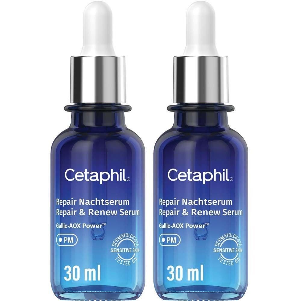 Zwei Flaschen Cetaphil Repair Nachtserum, je 30 ml, mit Pipettenverschluss.