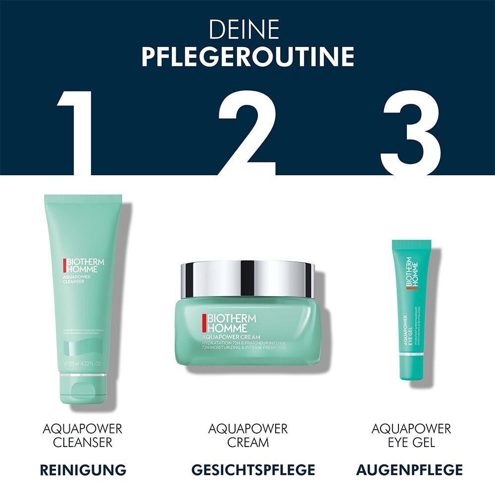 Drei Produkte in einer Reihe: Cleanser, Creme und Augen-Gel. Alle Produkte sind grün und tragen die Aufschrift AQUAPOWER.