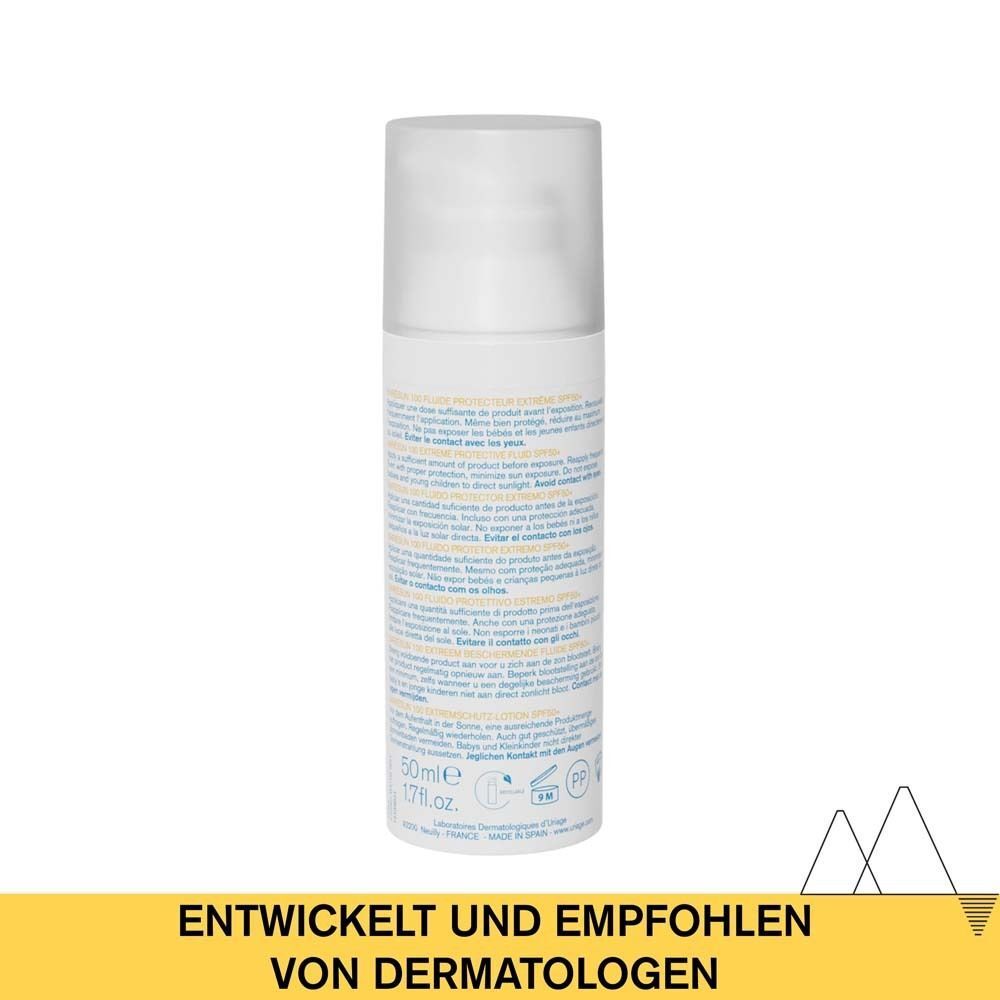Rückseite einer weißen Flasche URIAGE EAU THERMALE. Text: Entwickelt und empfohlen von Dermatologen. Enthält Produktinformationen.