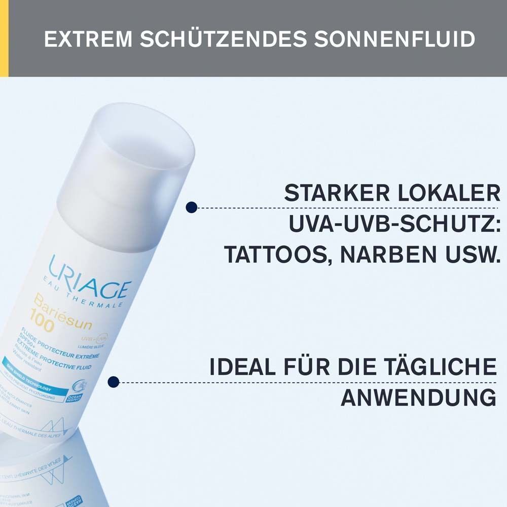 Weiße Flasche URIAGE EAU THERMALE Bariésun 100. Text: Extrem schützendes Sonnenfluid. Starker lokaler UVA-UVB-Schutz. Ideal für die tägliche Anwendung.