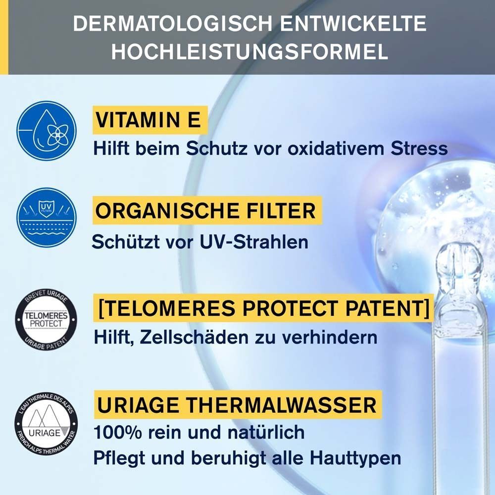Grafik mit Produktinformationen. Text: Vitamin E, organische Filter, [TELOMERES PROTECT PATENT], URIAGE Thermalwasser. Dermatologisch entwickelt.