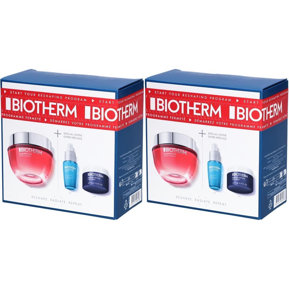 Zwei BIOTHERM Blue Peptides Routine Set. Blaue und rote Verpackungen mit Produkten. BIOTHERM-Logo sichtbar.