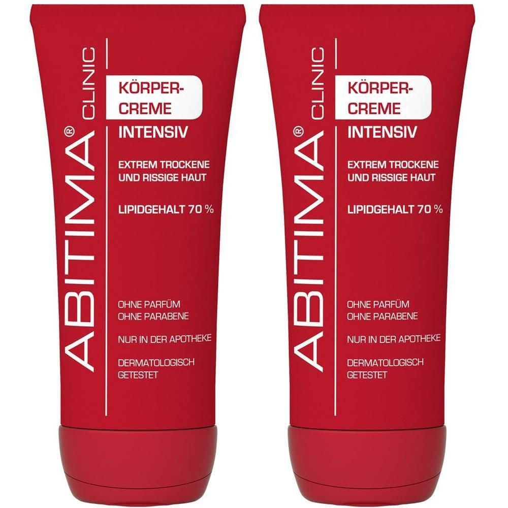 Zwei rote Tuben ABITIMA® CLINIC Körpercreme Intensiv. Aufschrift: Extrem trockene und rissige Haut. Lipidhalt 70%.