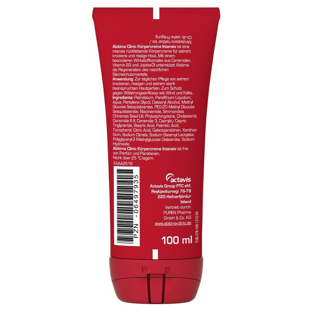 Rote Tube ABITIMA® CLINIC Körpercreme Intensiv. Rückseite mit Produktinformationen und Inhaltsstoffen. Volumen: 100 ml.