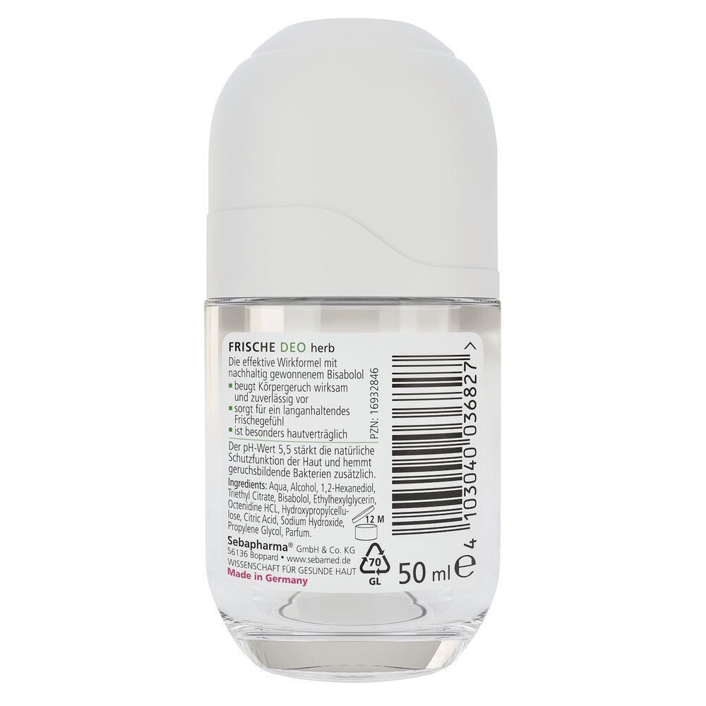 Rückseite eines Roll-on Deos. Aufschrift: Frische Deo herb. Barcode und Text. Volumen: 50 ml. Hergestellt in Deutschland.