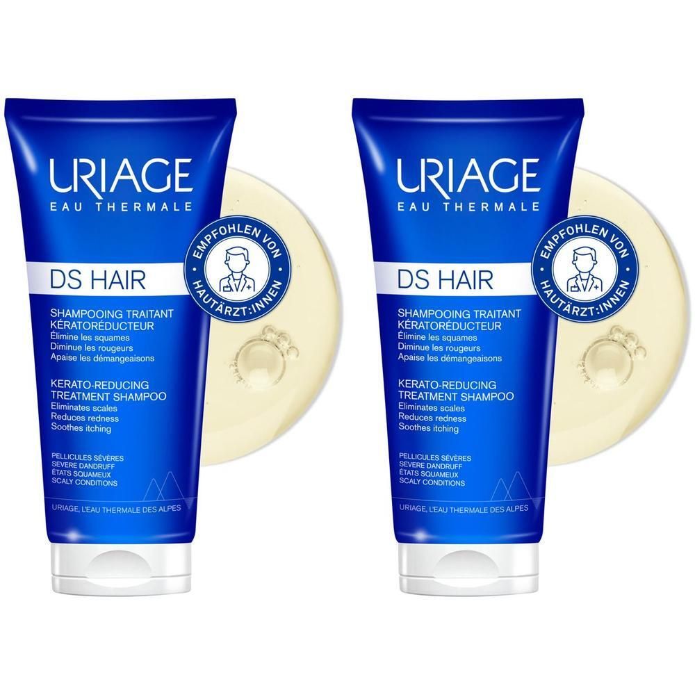 Zwei blaue Tuben Uriage DS Hair Shampoo. Auf jeder Tube steht DS HAIR und die Aufschrift „Empfohlen von Hautärzt:innen“.