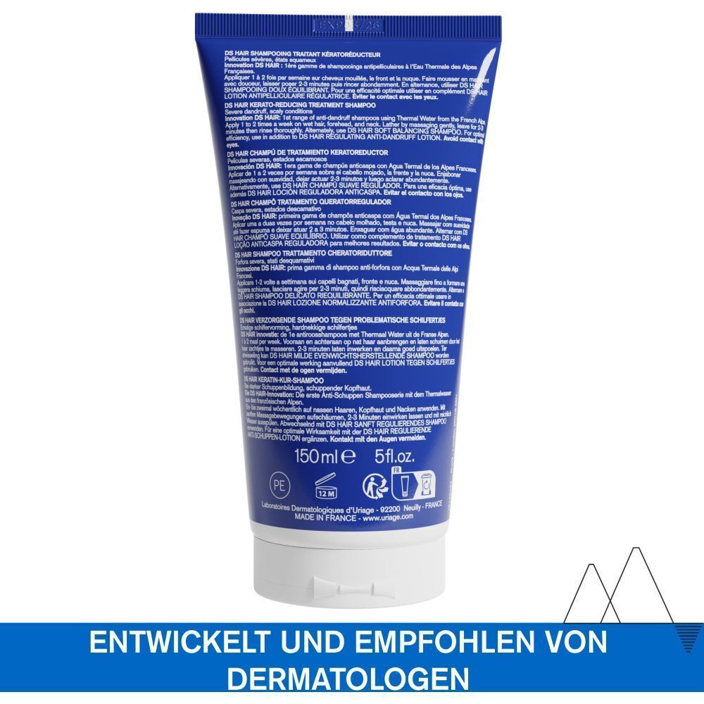 Rückseite einer blauen Tube Uriage DS Hair Shampoo. Text in mehreren Sprachen, darunter Deutsch und Französisch.