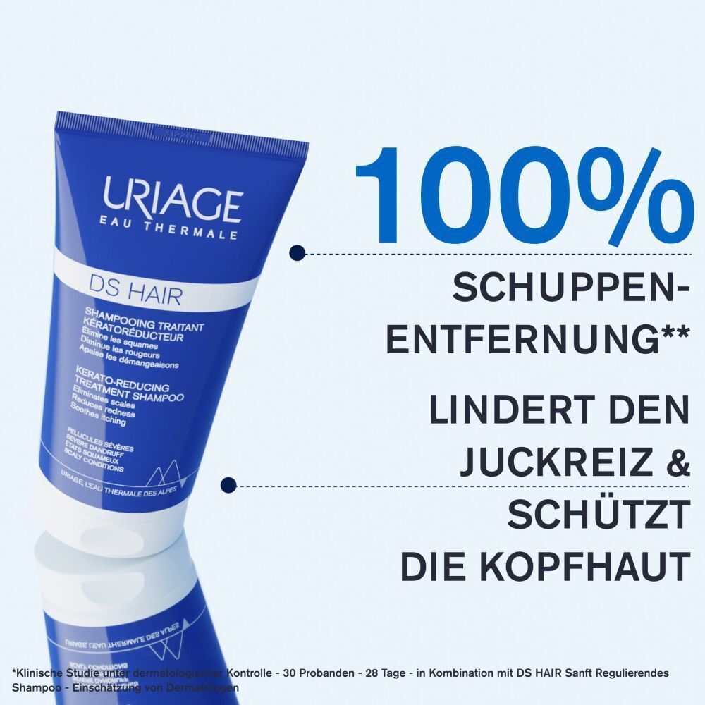 Blaue Tube Uriage DS Hair Shampoo. Text: „100% Schuppenentfernung“ und „Lindert den Juckreiz & schützt die Kopfhaut“.
