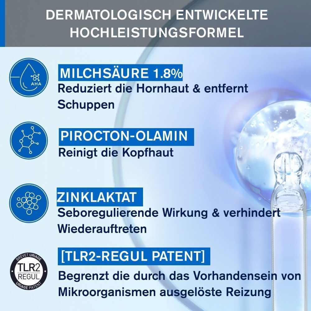 Grafik mit Inhaltsstoffen des Uriage DS Hair Shampoos. Enthält Milchsäure, Pirocton-Olamin und Zinklactat.