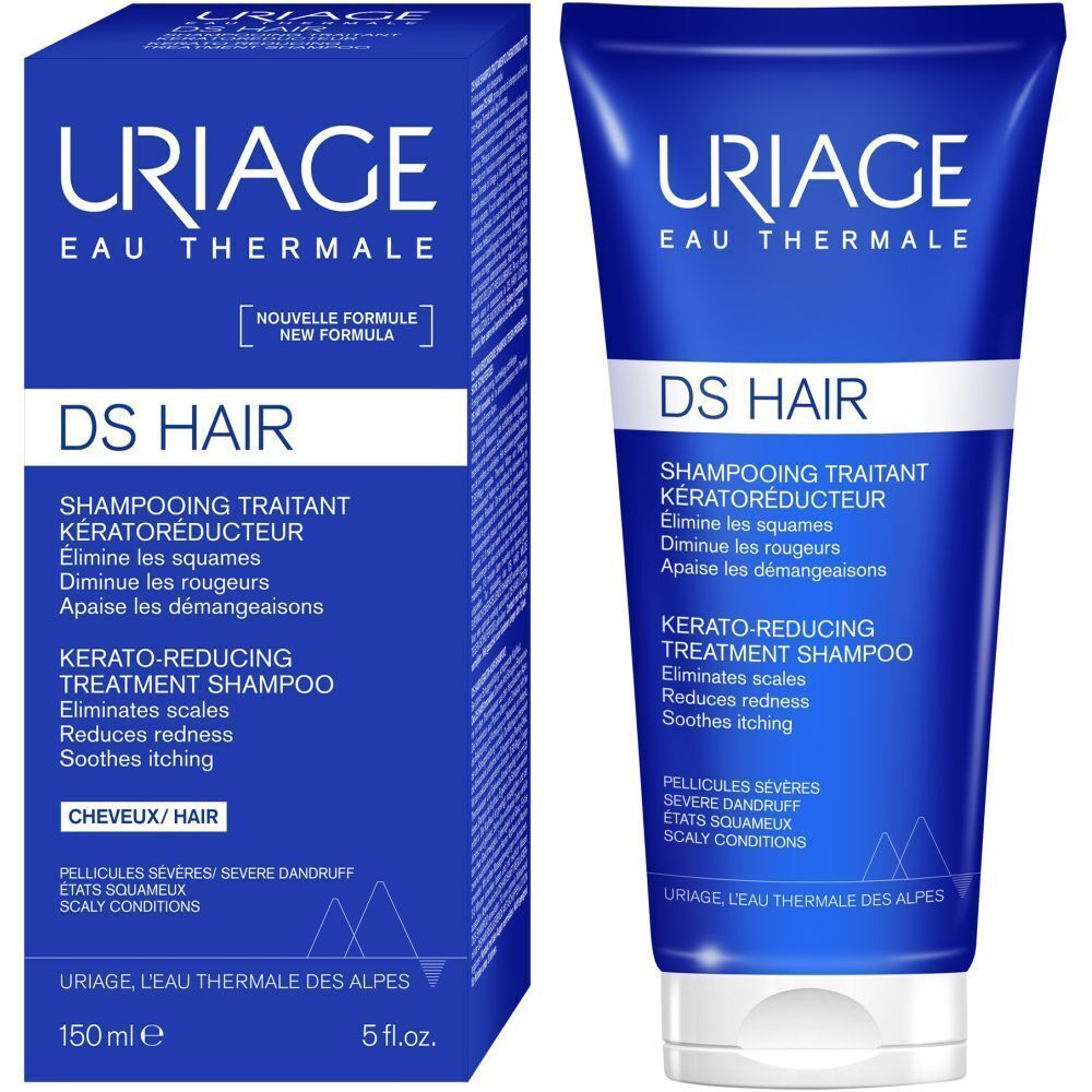 Uriage DS Hair Shampoo und Verpackung. Text: „Kerato-reduzierendes Shampoo“ und „Eliminiert Schuppen“.
