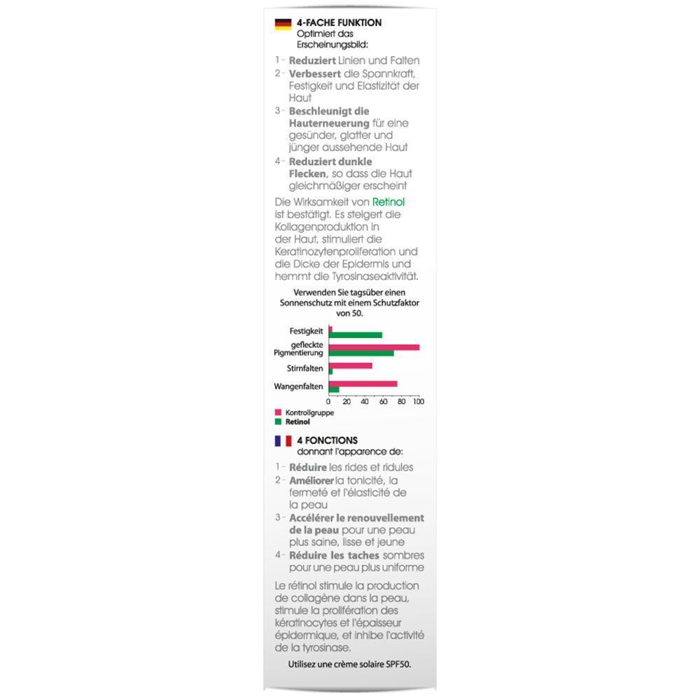 Weiße Verpackung mit Text und Diagrammen. 4-FACHE FUNKTION. Optimiert das Erscheinungsbild. Enthält Informationen zu Retinol und Sonnenschutz.