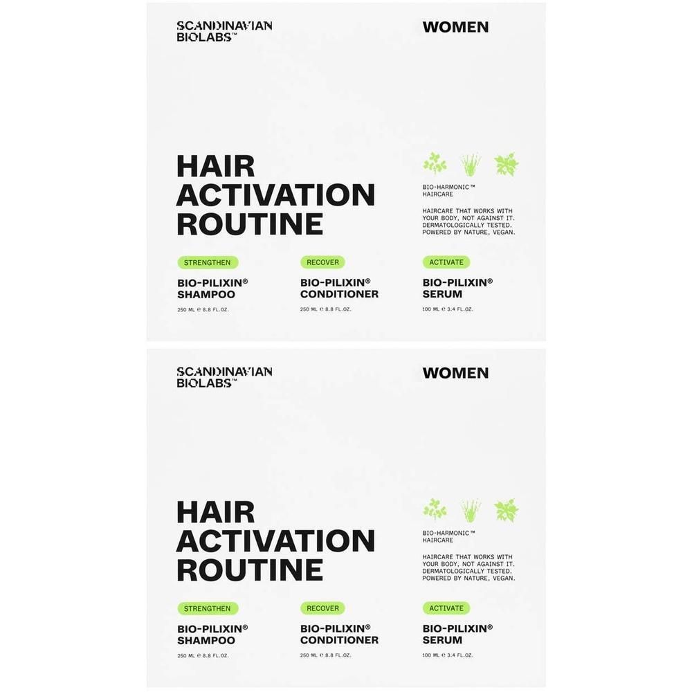 Zwei weiße Etiketten mit Produktinformationen. Text: Hair Activation Routine, Bio-Pilixin Shampoo, Conditioner, Serum. Marke: Scandinavian Biolabs.