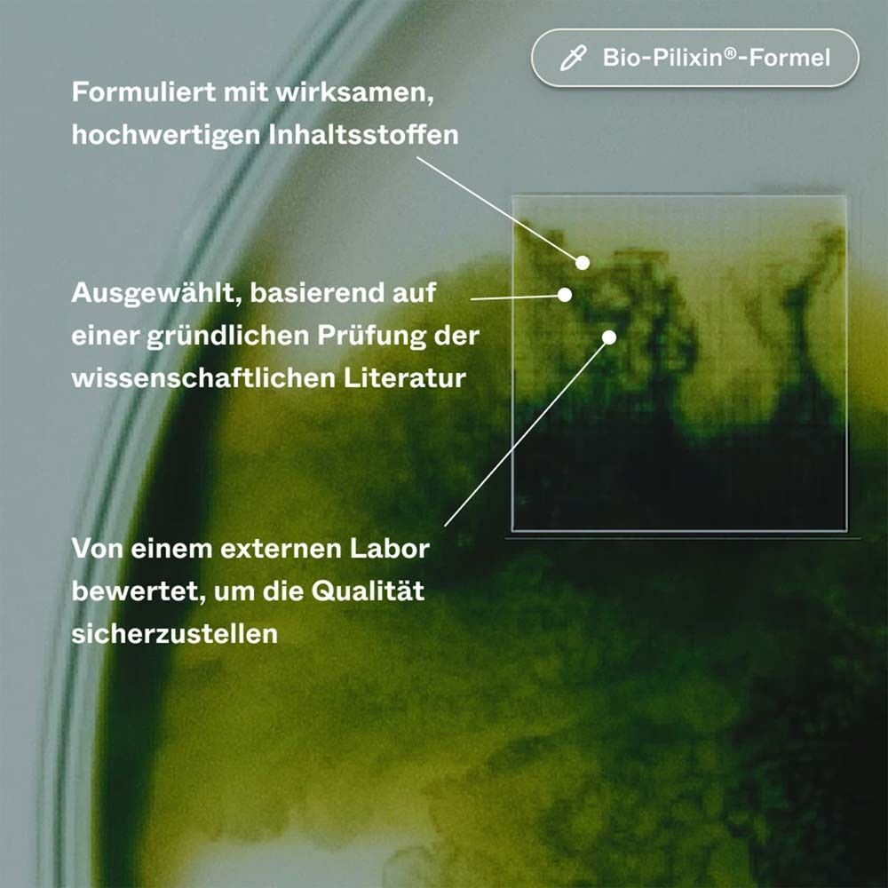 Nahaufnahme einer Flüssigkeit. Text: Formuliert mit wirksamen Inhaltsstoffen, Ausgewählt basierend auf Prüfung, Von externem Labor bewertet.