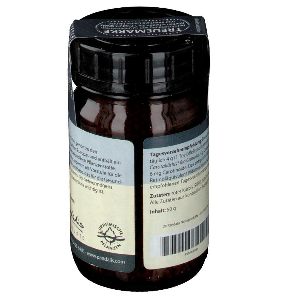 Braunes Glas Carotakürbis Bio Granulat. Schwarzer Deckel und Etikett. Aufdruck: Dr. Pandalis Naturprodukte, Inhalt 50g.