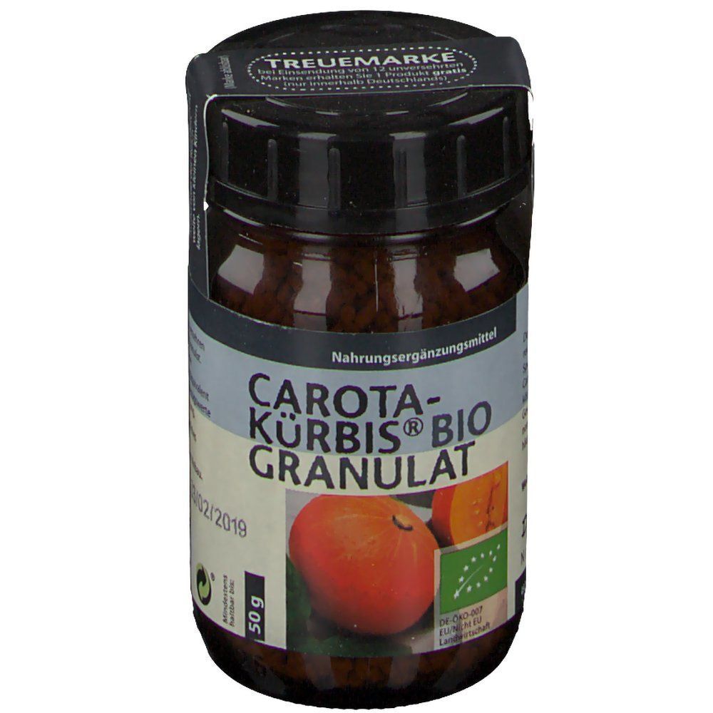 Braunes Glas Carotakürbis Bio Granulat. Schwarzer Deckel und Etikett. Aufdruck: 02/2019, Inhalt 50g, Bio-Siegel.