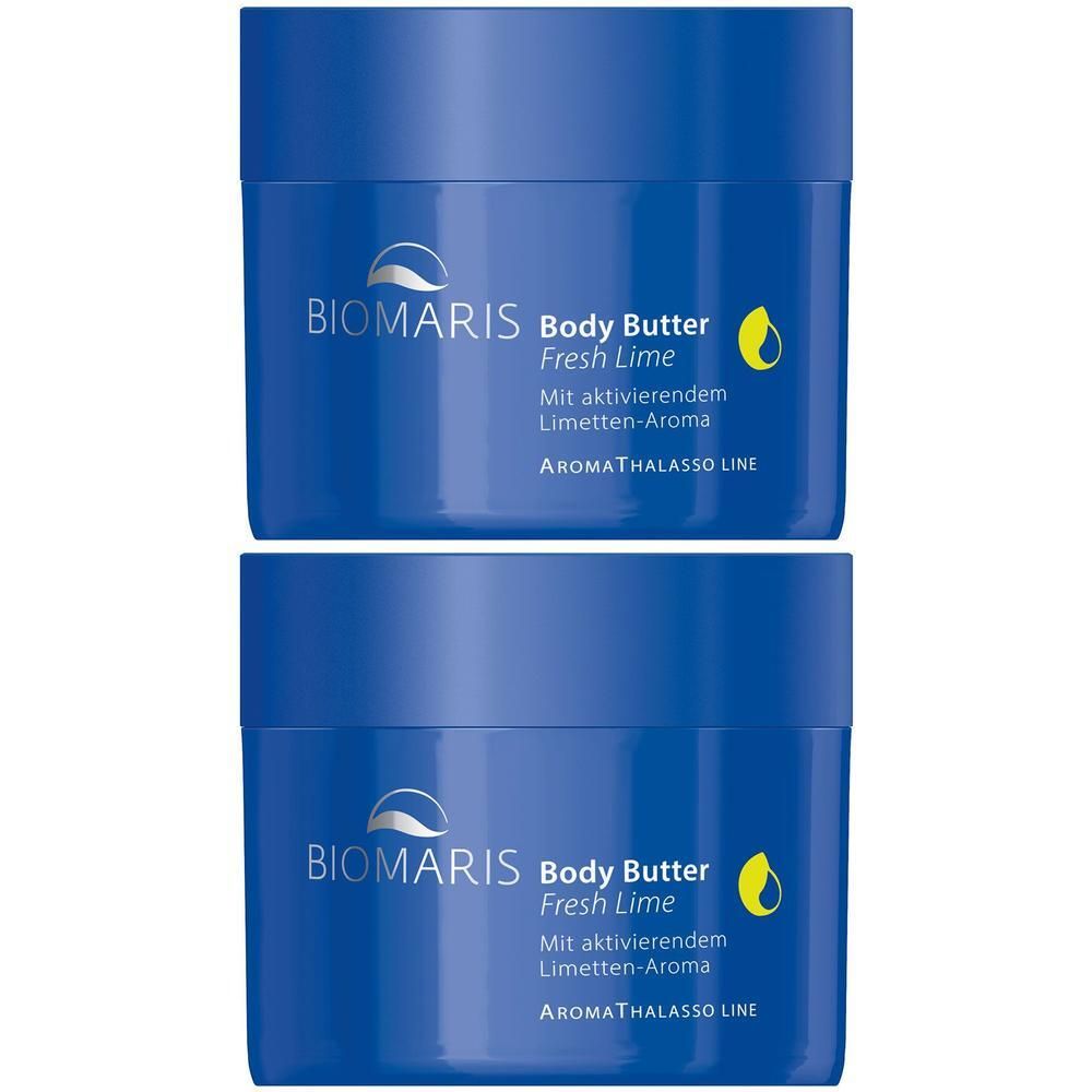 Zwei blaue Tiegel mit Deckel. Aufschrift: BIOMARIS Body Butter Fresh Lime. Mit aktivierendem Limetten-Aroma. AROMATHALASSO LINE. Gelbes Tropfensymbol.
