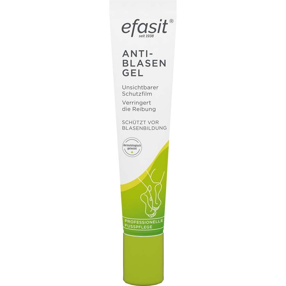 efasit® Anti-Blasen Gel Tube. Weiße Tube mit grünem Verschluss. Produktname und Logo auf der Tube. Dermatologisch getestet.