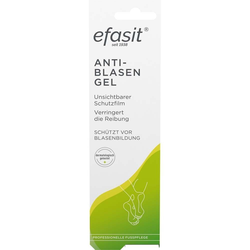 efasit® Anti-Blasen Gel. Weiße Verpackung mit grünem Akzent. Produktname und Logo. Dermatologisch getestet. Hohe, schmale Form.