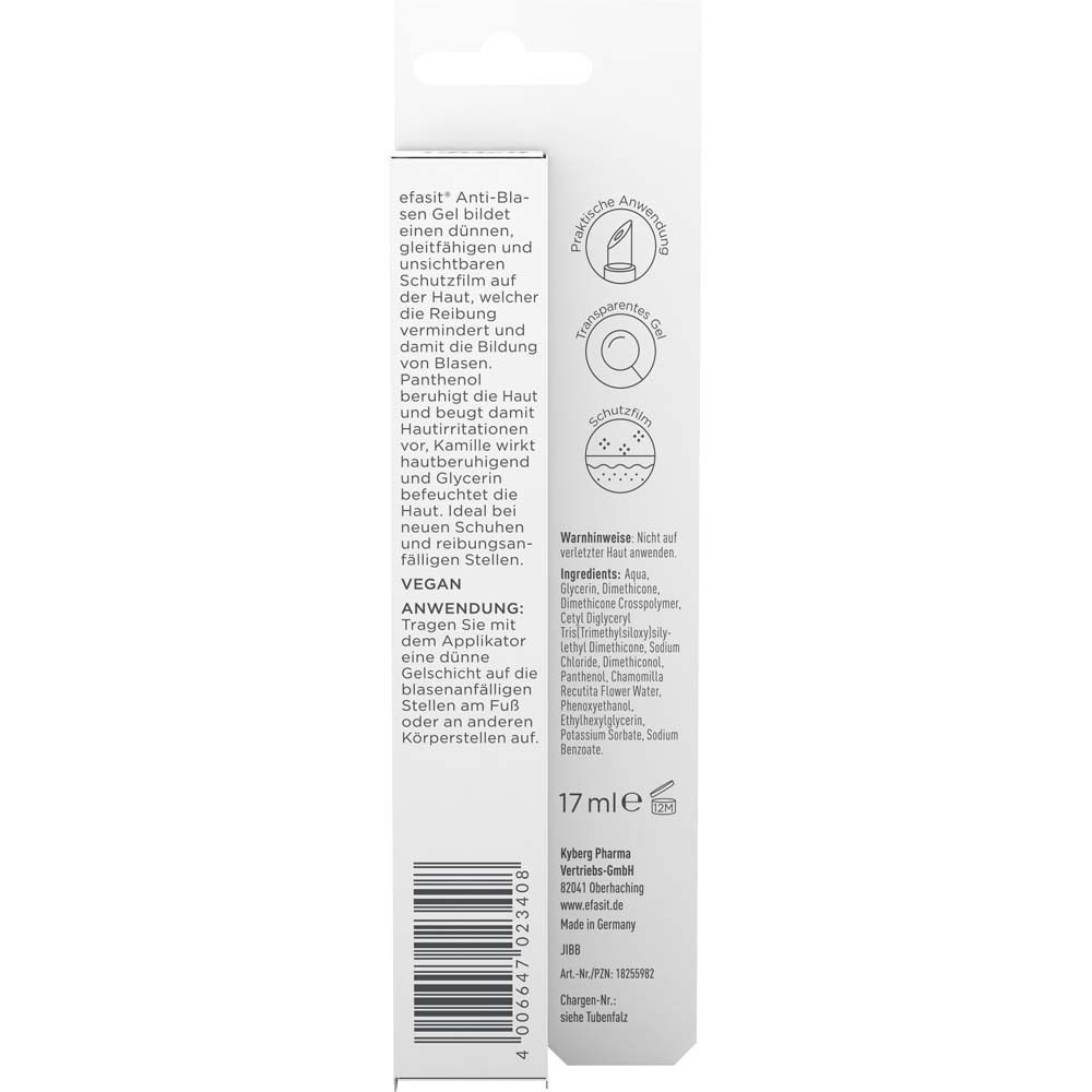 Rückseite der Verpackung von efasit® Anti-Blasen Gel. Textinformationen, Inhaltsstoffe, Anwendungshinweise und Herstellerangaben.