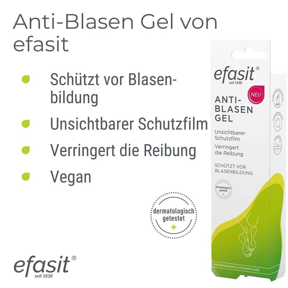 efasit® Anti-Blasen Gel. Produktmerkmale: schützt vor Blasen, unsichtbarer Schutzfilm, reduziert Reibung, vegan. Dermatologisch getestet.