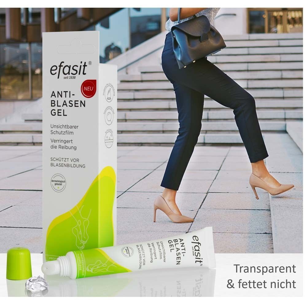 efasit® Anti-Blasen Gel. Tube und Verpackung. Frau geht Treppen. Transparent und fettet nicht. Neu-Label. Produktname und Logo.