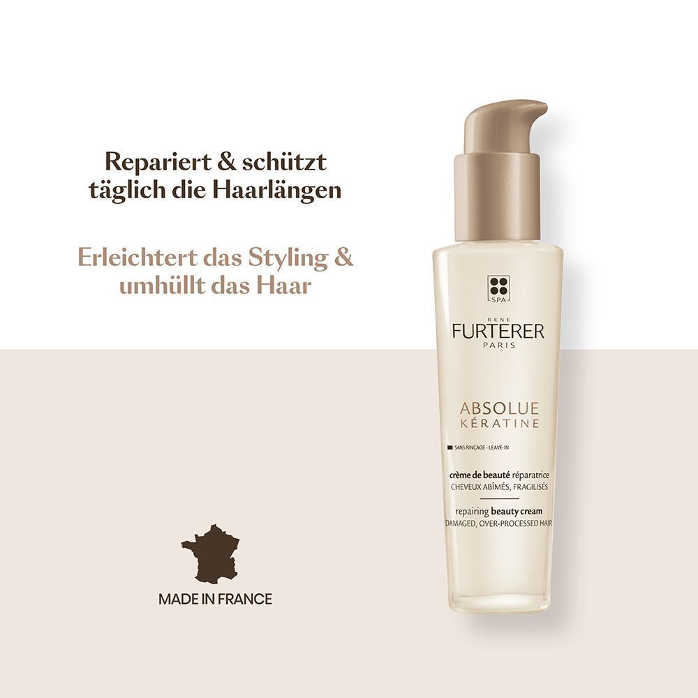 Eine Flasche FURTERER Absolue Keratine Elixier. Beige Flasche mit Pumpaufsatz. Text: Absolue Keratine. Made in France.