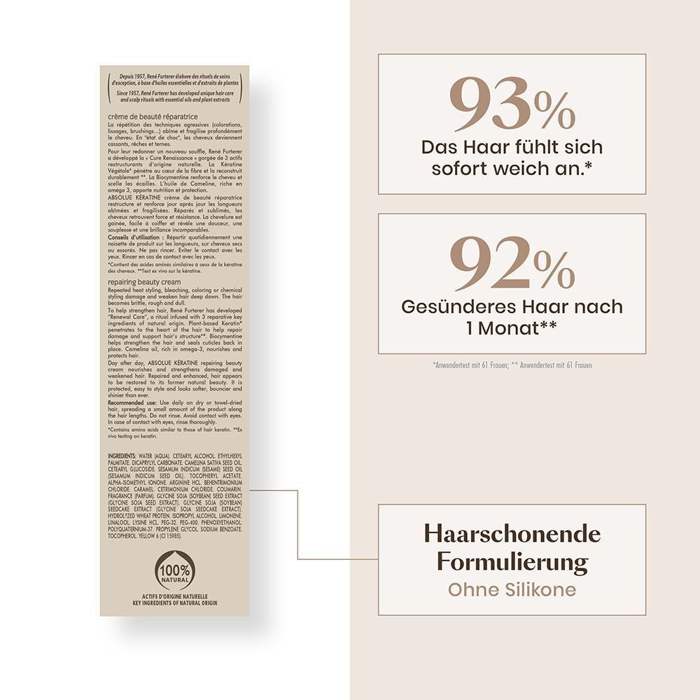 Verpackung von FURTERER Absolue Keratine Elixier. Text und Inhaltsstoffe. 100% Inhaltsstoffe natürlichen Ursprungs.