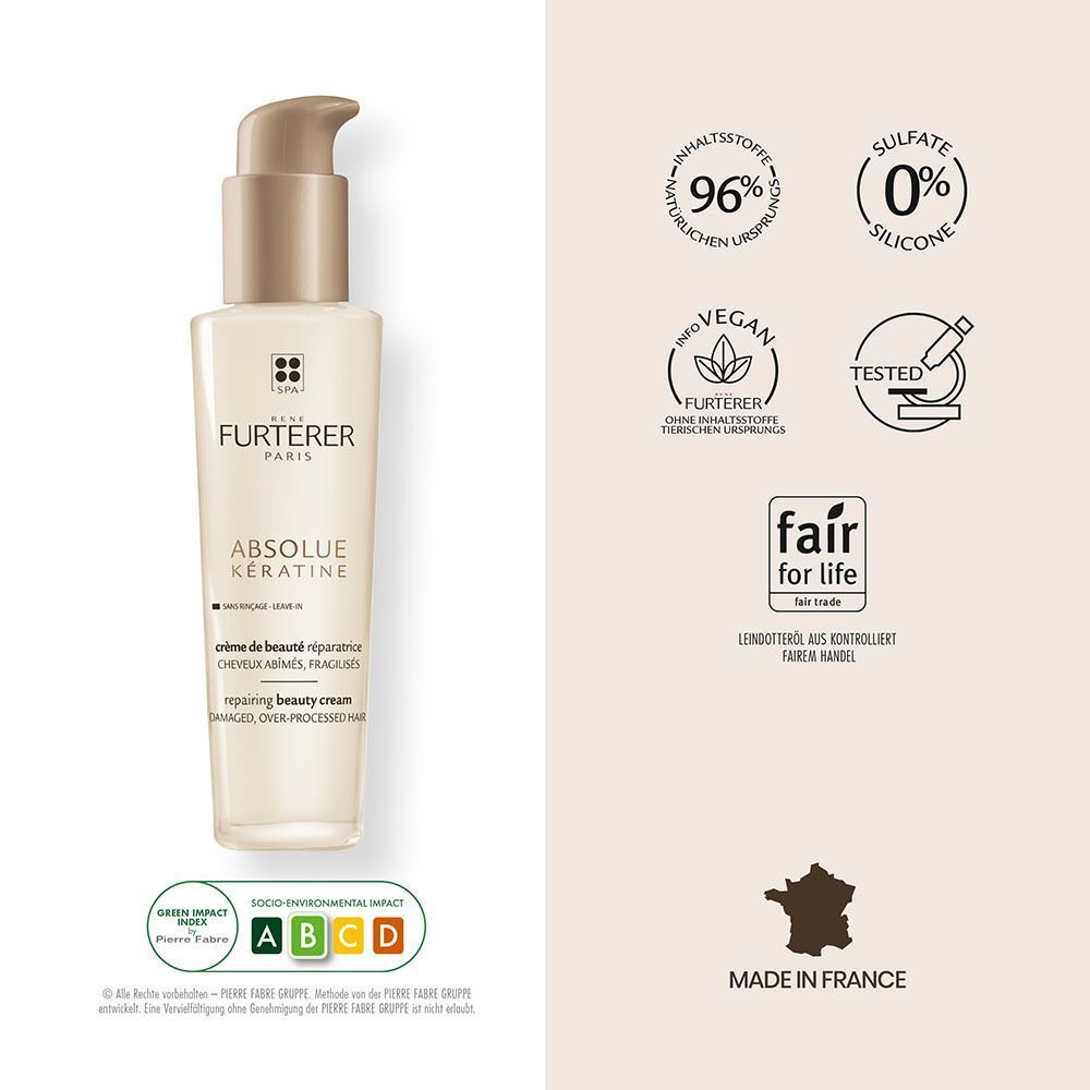 Flasche FURTERER Absolue Keratine Elixier. Text: Absolue Keratine. Zertifizierungen: Vegan, Fair for Life, Made in France.
