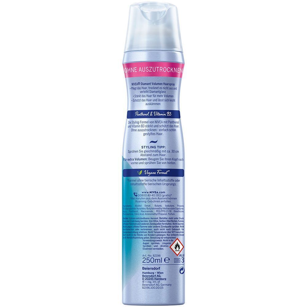 Rückseite einer NIVEA Diamant Volumen Haarspray-Flasche. Hellblau mit weißen und pinken Elementen. Text: Diamant Volumen, Panthenol & Vitamin B3.