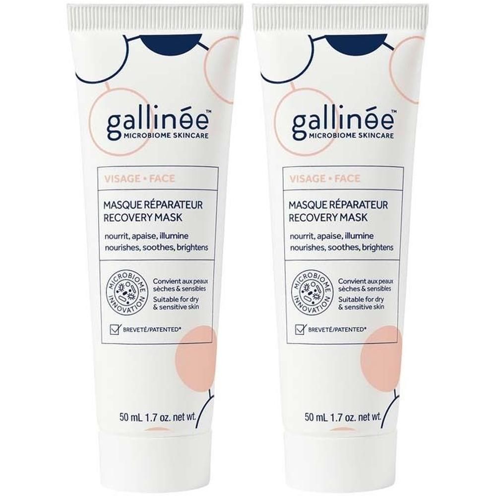 Zwei Tuben Gesichtsmaske. Weiß, mit rosa und blauen Akzenten. Text: gallinée, Visage-Face, Masque Réparateur Recovery Mask.