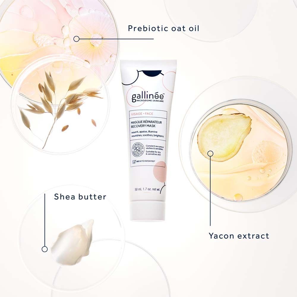 Gesichtsmaske mit Inhaltsstoffen. Text: gallinée, Masque Réparateur Recovery Mask. Inhaltsstoffe: Prebiotisches Haferöl, Sheabutter, Yacon-Extrakt.