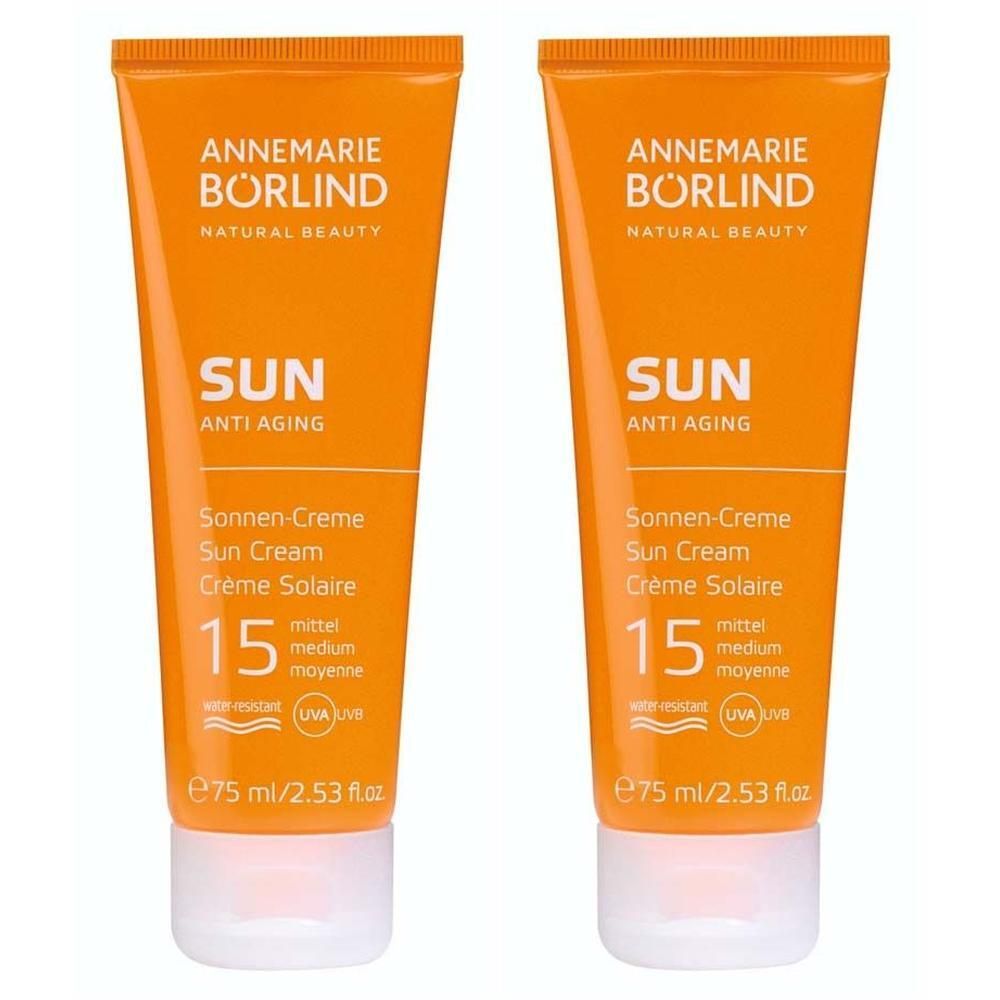 Zwei Tuben ANNEMARIE BÖRLIND SUN ANTI-AGING Sonnen-Creme LSF 15, 75 ml.