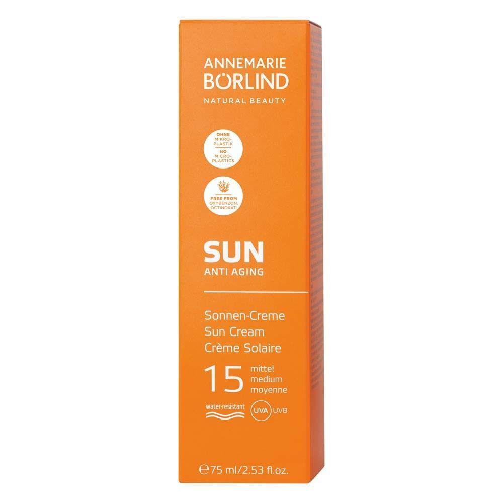 Eine orangefarbene Tube ANNEMARIE BÖRLIND SUN ANTI-AGING Sonnen-Creme LSF 15, 75 ml.