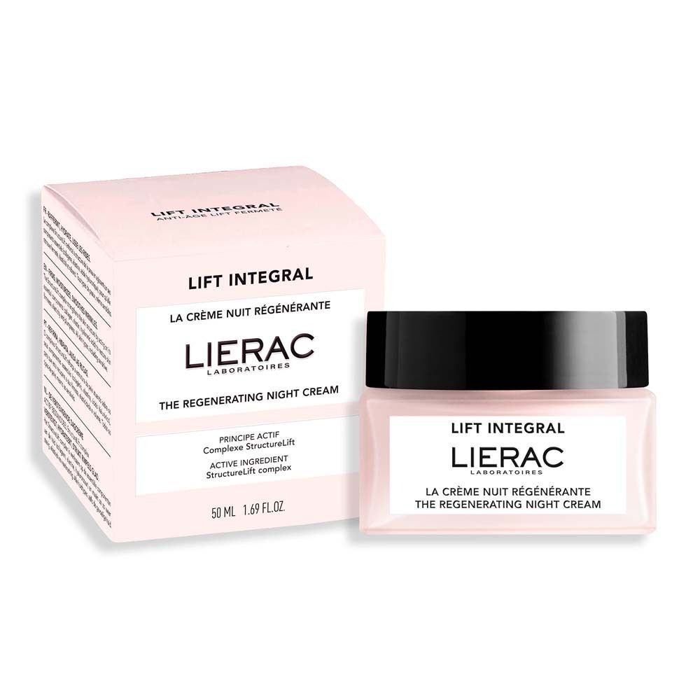 Nachtcreme-Tiegel und Verpackung. Rosa Tiegel mit schwarzem Deckel. Aufschrift: Lierac, Lift Integral, La Crème Nuit Régénérante.