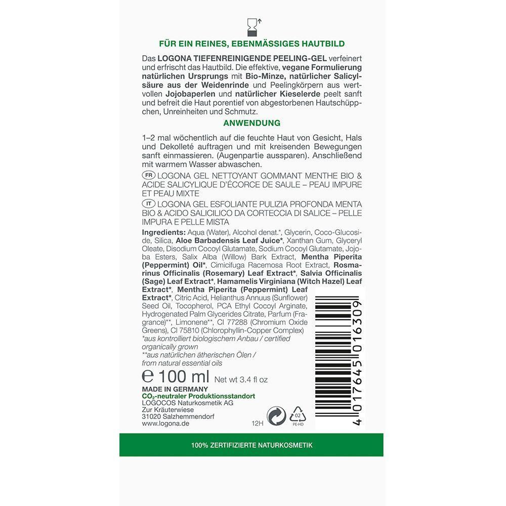 Rückseite einer Tube LOGONA Tiefreinigendes Peeling-Gel. Text mit Inhaltsstoffen und Anwendungshinweisen. 100 ml.