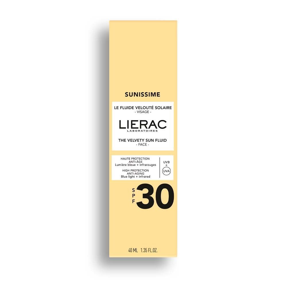 Verpackung von LIERAC Sunissime Fluid. Gelbe Schachtel mit Produktinformationen und SPF 30.