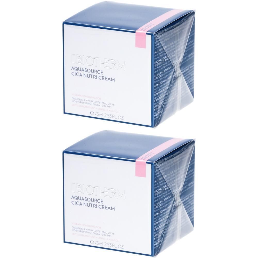 Zwei quadratische Kartons. Aufschrift: BIOTHERM Aquasource Cica Nutri Cream. Verpackt in Folie mit rosa Streifen.