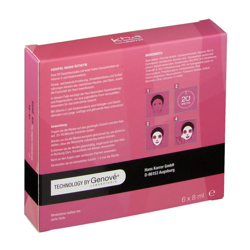 Rückseite der VISIOPIEL Maske Ästhetik Verpackung. Enthält Inhaltsstoffe, Anwendungshinweise und Logo.
