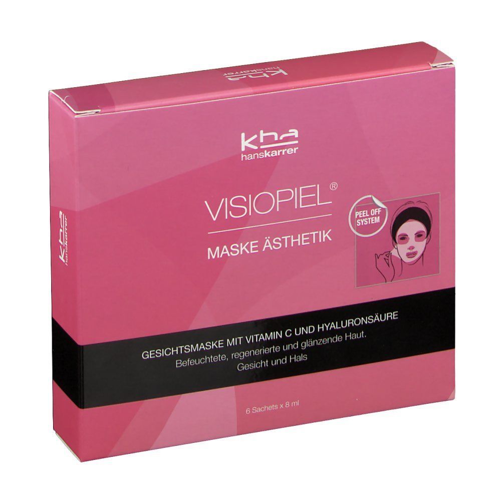 VISIOPIEL Maske Ästhetik Verpackung. Rosa Box mit Produktnamen, Logo und Illustration. Enthält 6 Sachets.