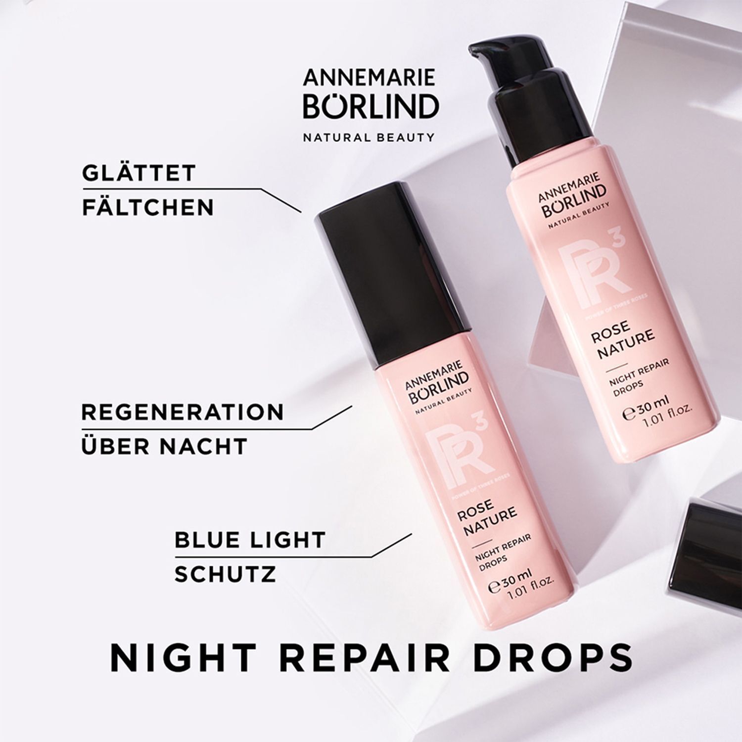 Zwei Flaschen ANNEMARIE BÖRLIND Rose Nature Night Repair Drops mit Hinweisen zu Wirkung.