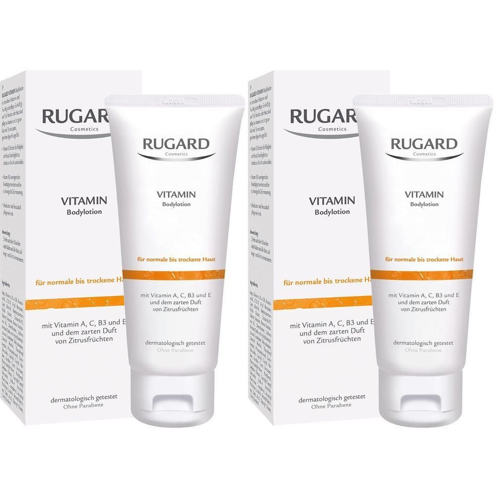 Zwei Tuben und zwei Kartons RUGARD Vitamin Bodylotion. Weiße Tuben mit Schriftzug. Kartons mit Logo und Produktbezeichnung.