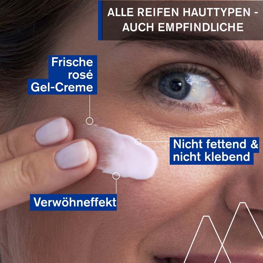 Nahaufnahme eines Gesichts mit aufgetragener rosafarbener Gel-Creme. Text: Nicht fettend & nicht klebend, Verwöhneffekt.