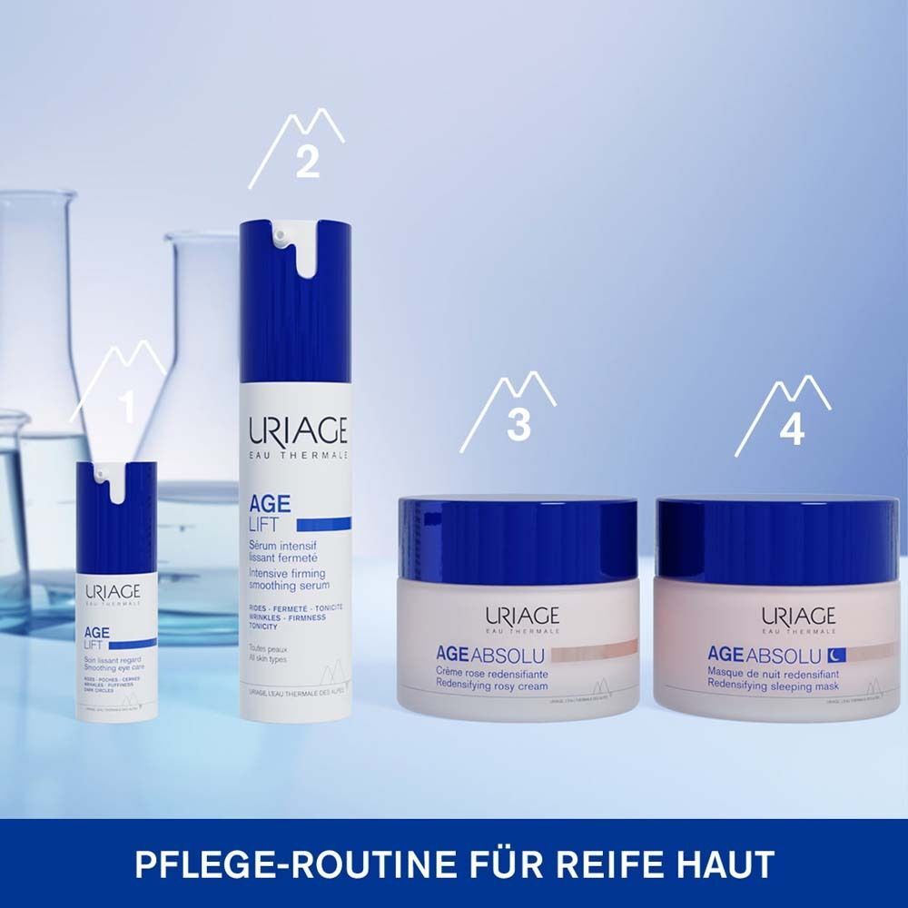 Pflege-Routine für reife Haut. Vier Produkte: Serum, Tagescreme, zwei Nachtmasken. Uriage Age Lift und Age Absolu.