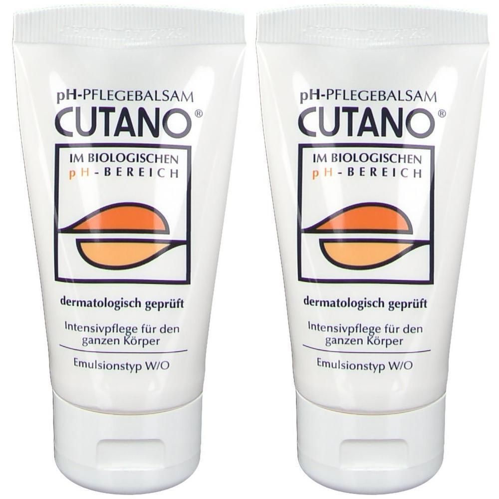 Zwei weiße Tuben Cutano® Pflegebalsam. Aufdruck: pH-Pflegebalsam, Logo, dermatologisch geprüft, Intensivpflege für den ganzen Körper.