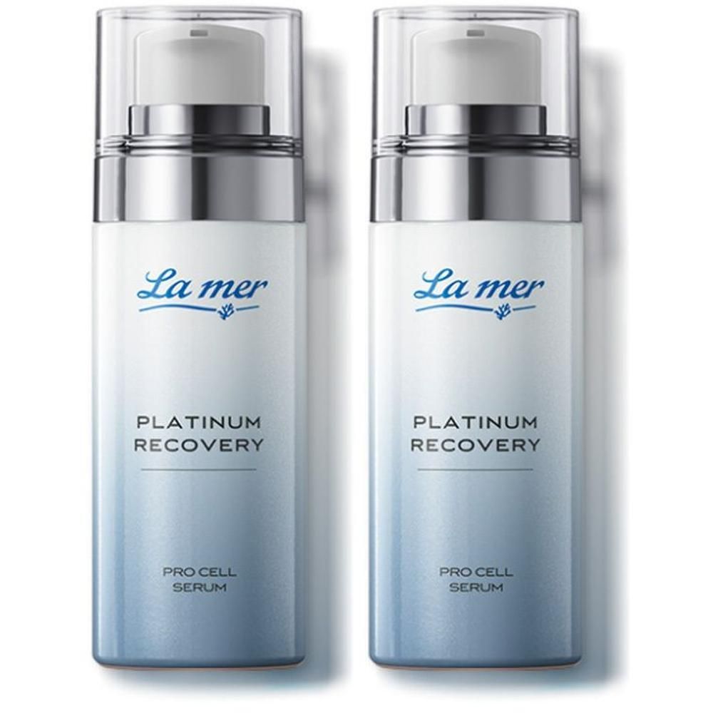 Zwei Flakons La mer Platinum Recovery Pro Cell Serum. Weiß-silberne Flakons mit Pumpaufsatz und transparentem Deckel. Blaue Schrift.
